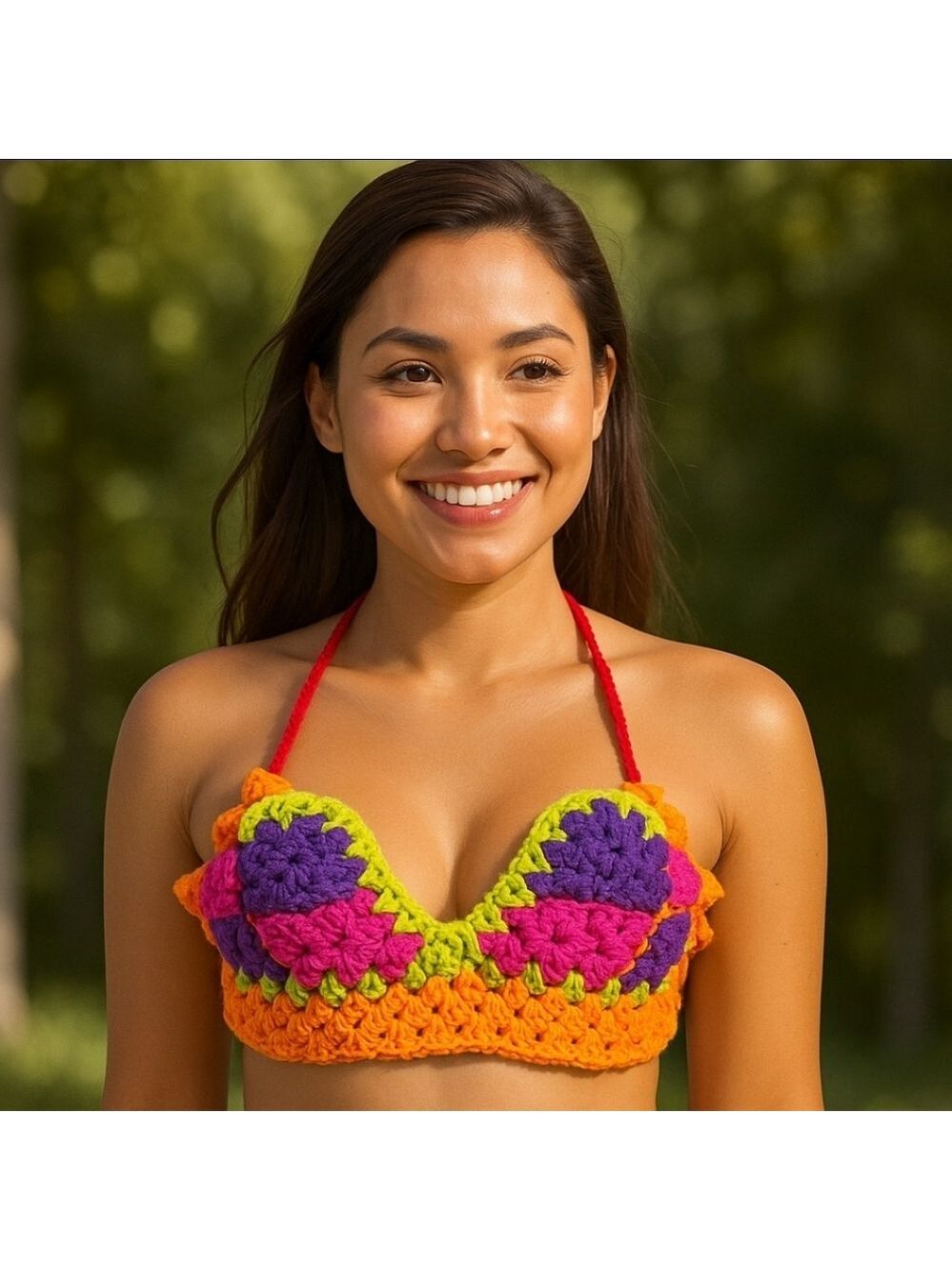 Hand crafted crochet Crop-Top Granny Square Halter Festival Fashion Summer Neon